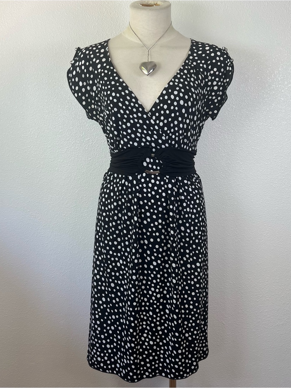 Black & White Polka Dot Wrap Dress with Waist Detail